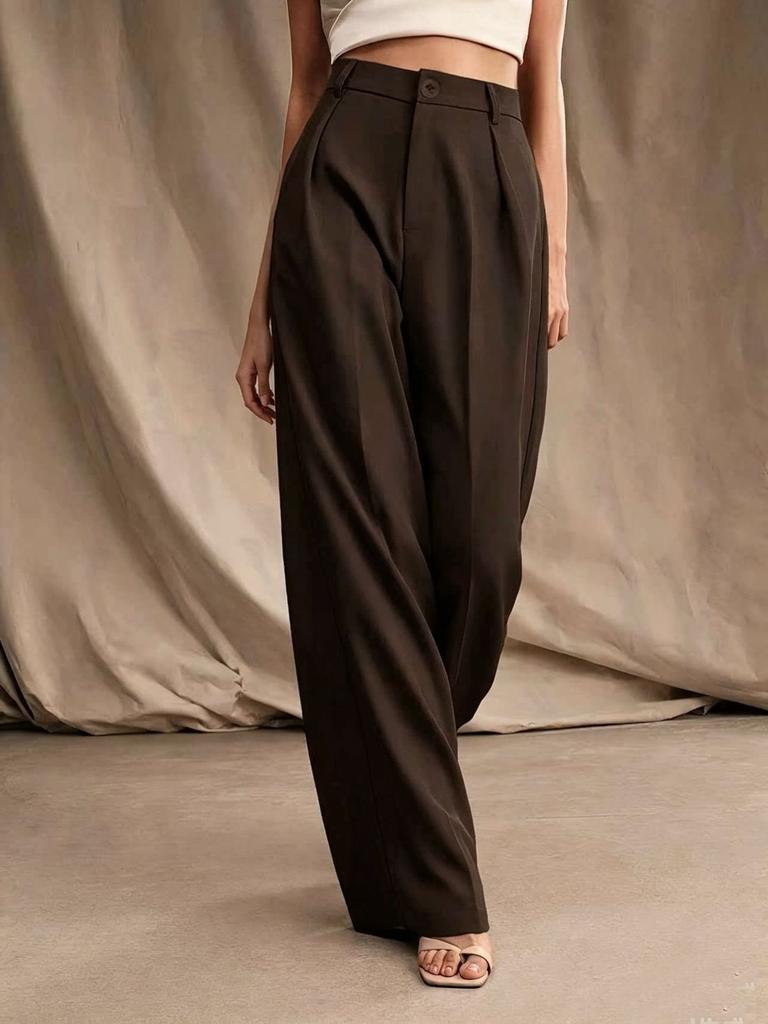 Women Solid Wide Leg Formal Trousers Office Style