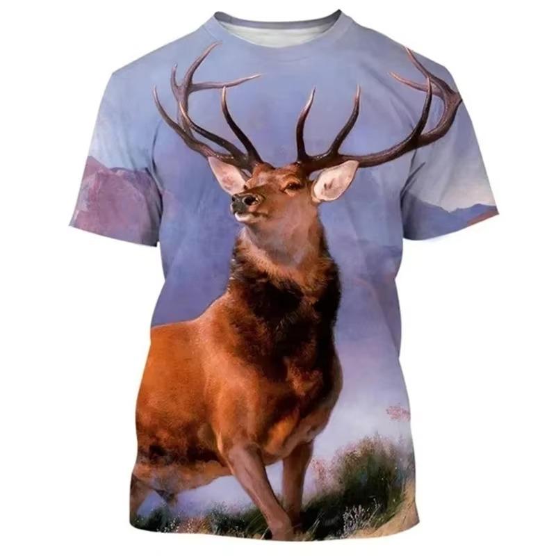 Hirsch 3D-Druck T-Shirt Lustige Tierjagd Grafik Kurzarm Rundhals T-Shirt Herren Outdoor Trend Persönlichkeit Tees