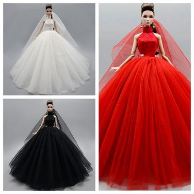 Hochgeschlossenes modisches Hochzeitskleid für 11,5-Zoll-Mädchenpuppen-Outfits, Prinzessin-Abend-Partykleid, lange Kleider, Puppenkleidung und Schleier 1/6