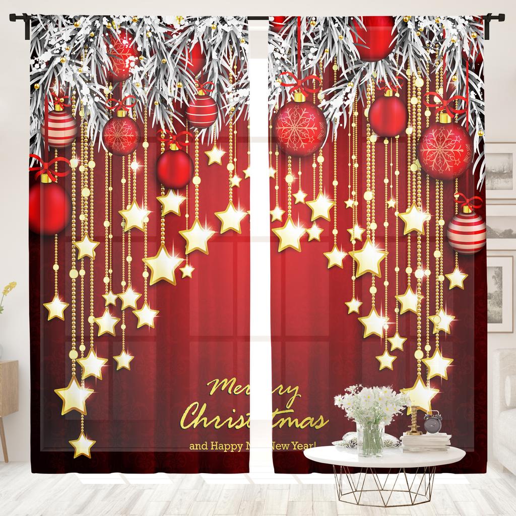 2 pieces, Christmas red ball celebration curtains -30% blackout - suitable for living room, bedroom, kitchen, home decoration