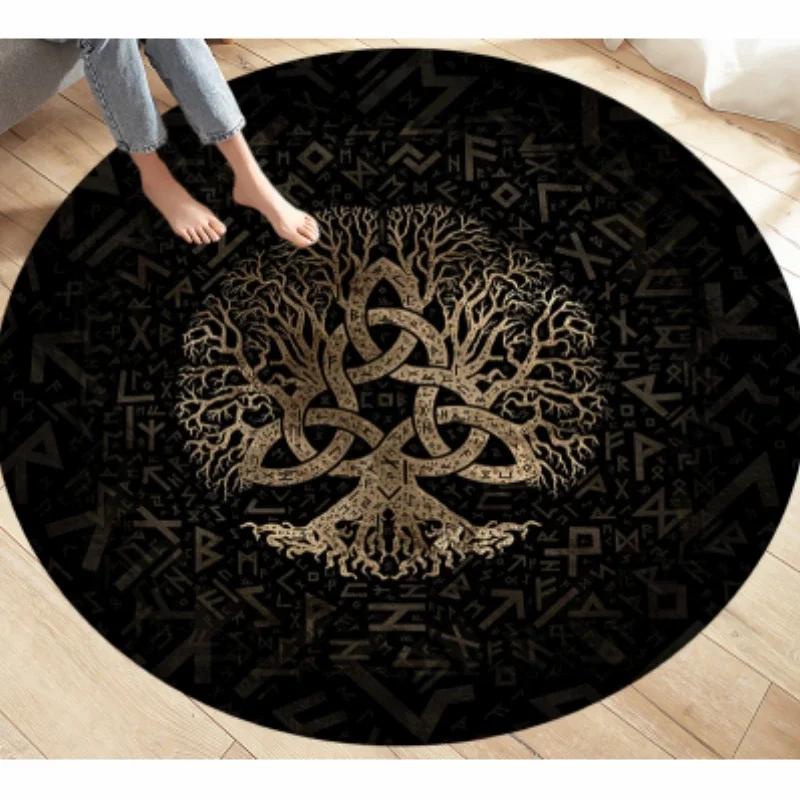 Viking Valknut Yggdrasil Tree of Life Area Rug Round Carpets Rugs for Living Room Bedroom Foot Pad Decoration Non-slip Floor Mat