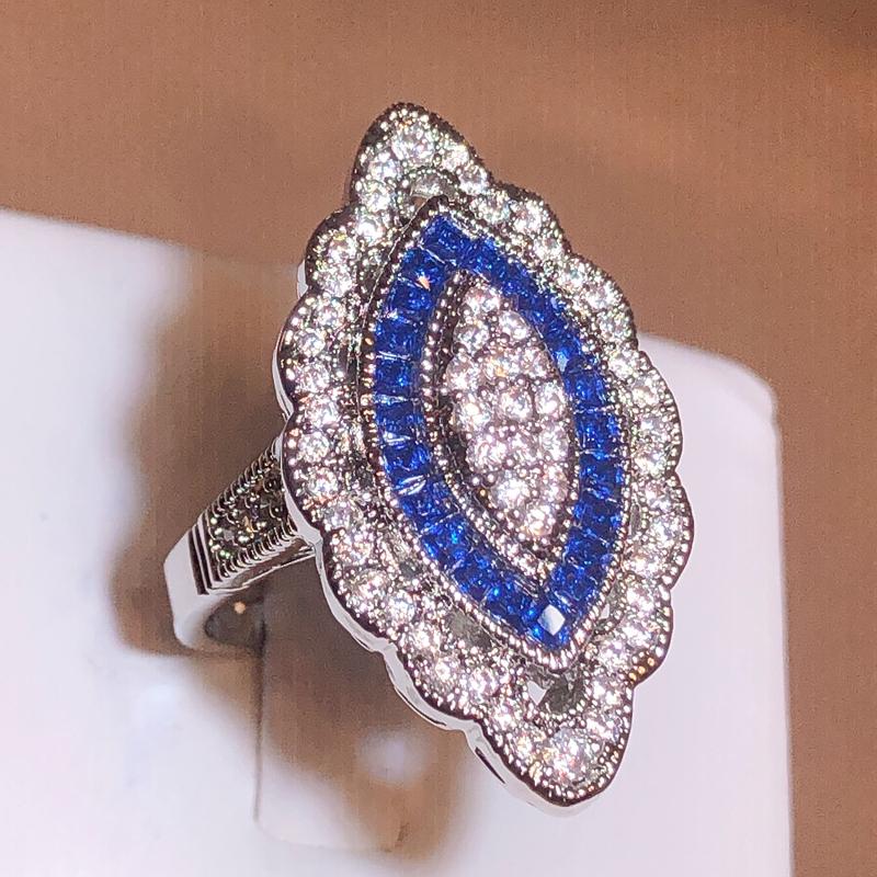 2022 Mode Luxus Blauer Topas Verlobungsring Damen 925 Stempel Voller Diamant Blauer Zirkon Ring Party Geschenk
