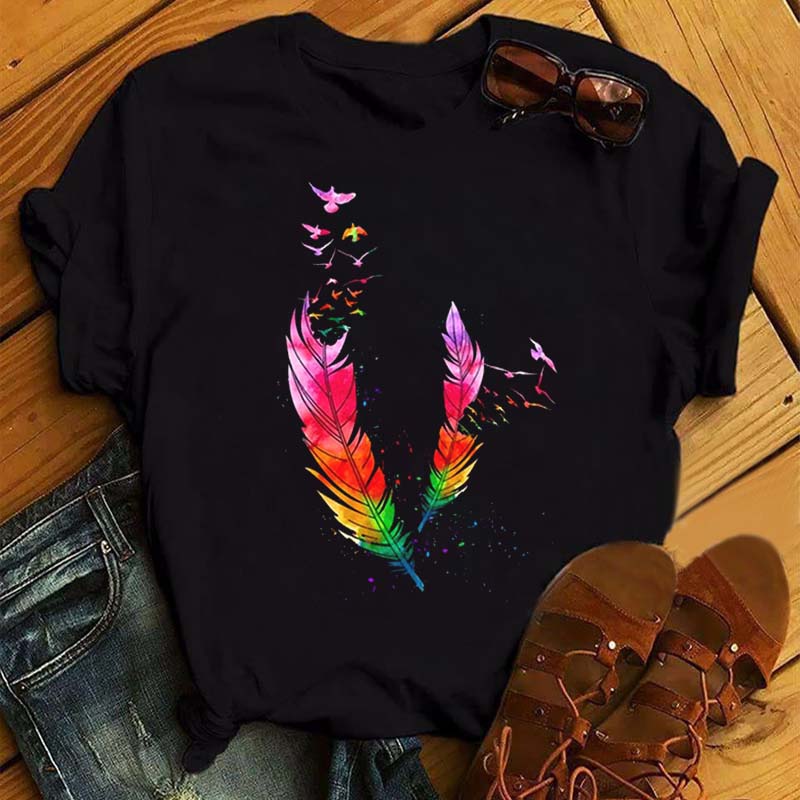 Fashion Women T Shirt Funny Butterfly Feather Print Tshirt T Shirt Summer Short Sleeve Tops Tee Female Feather T-shirts