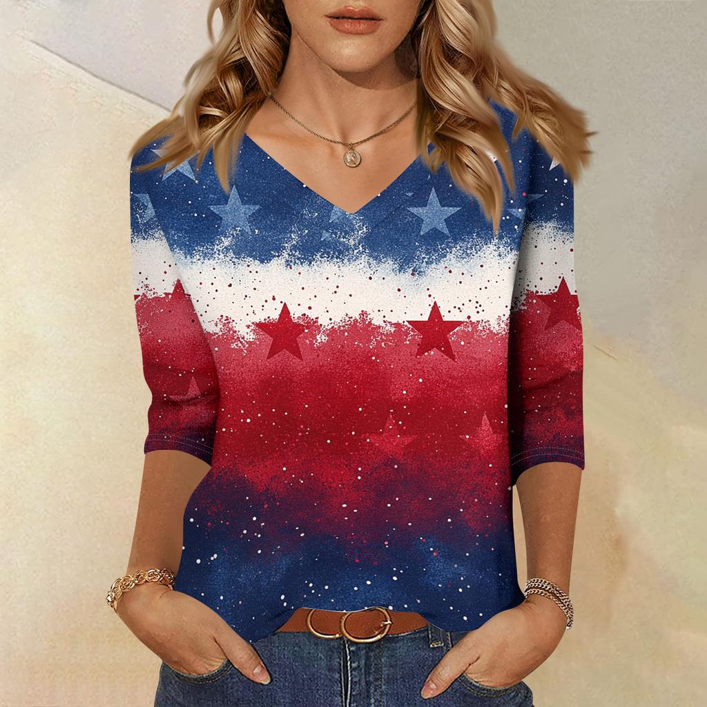 Women’s V Neck Half Sleeve Casual Top with Star and Stripe Print Loose Fit Comfortable Pullover Blouse Shirt for Daily Wear