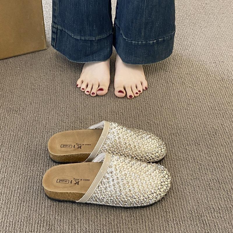 Rhinestone mesh bag head half slippers women's outer wear summer new fashion versatile lazy one pedal cool slippers