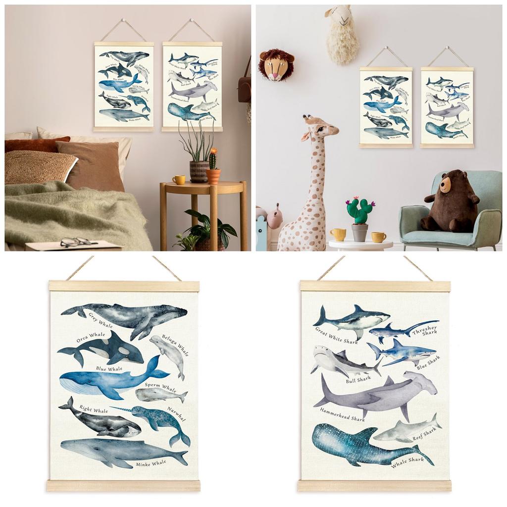 Lehrposter Wale Ozeantierposter für Kinderzimmer Spielzimmer Kinderzimmer Mit niedlichen Tieren Holzaufhängerrahmen