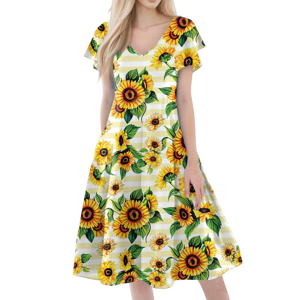 Women's Casual Fashion V-neck Short Sleeve Print Dress With Pockets