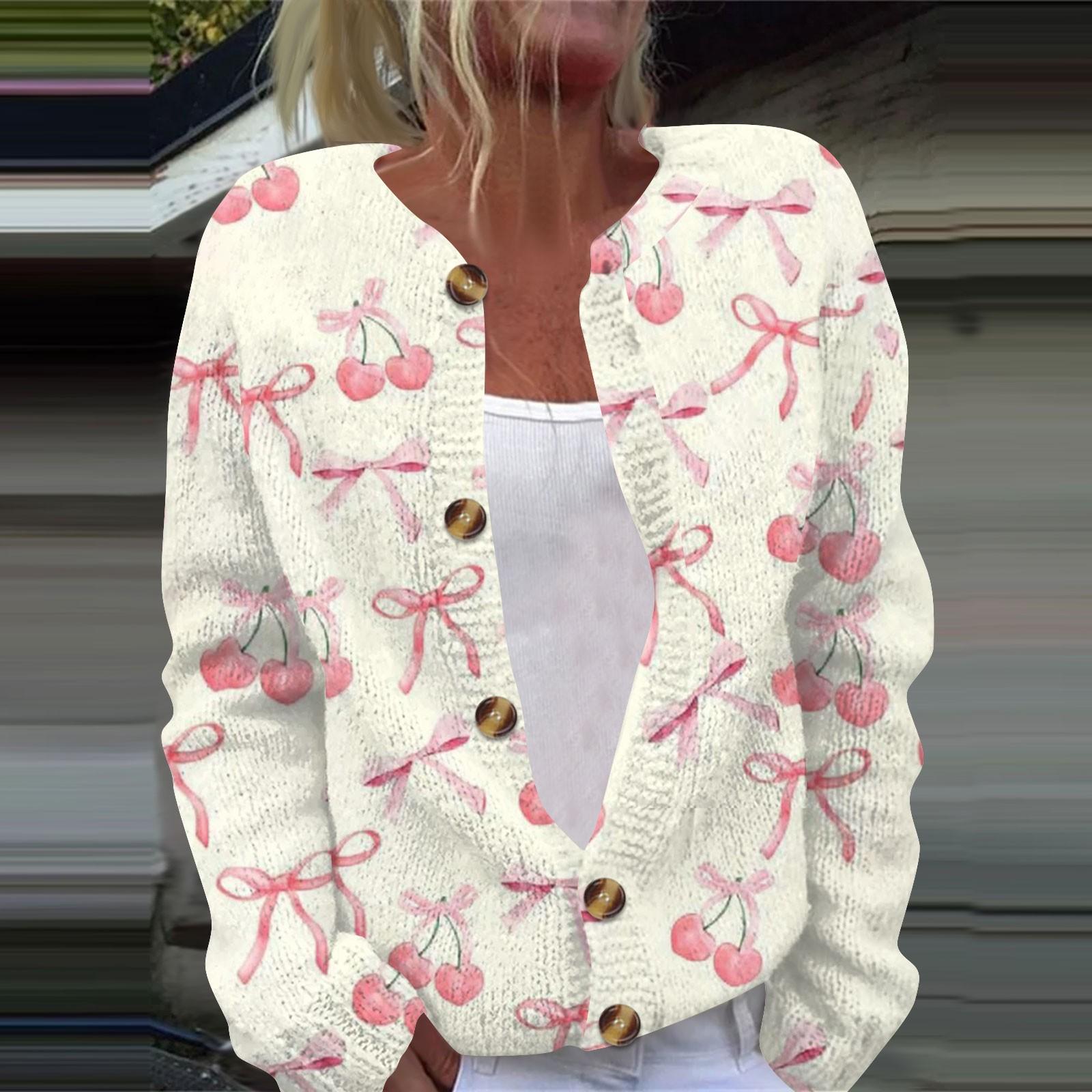 

Women s Fashion Bow Print Long Sleeve Knitted Cardigan Button Down Jacket XXXXXL бежевый