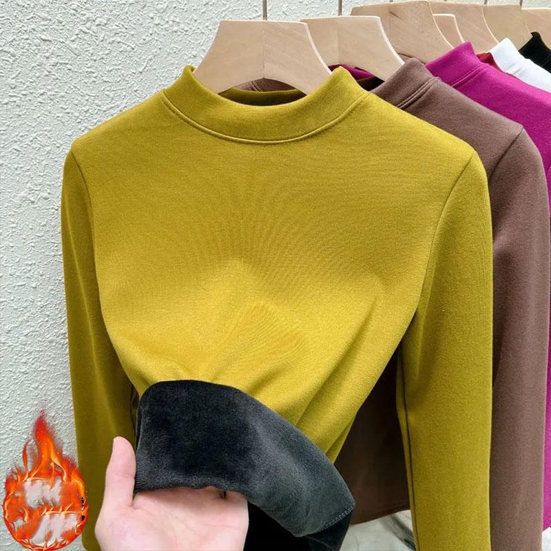 Integrovaný sametový hřejivý top Slim dámský pulovr Plyšový zateplený Polovysoký límec Spodní tričko Jednoduché ležérní Cestování Podzim Zima