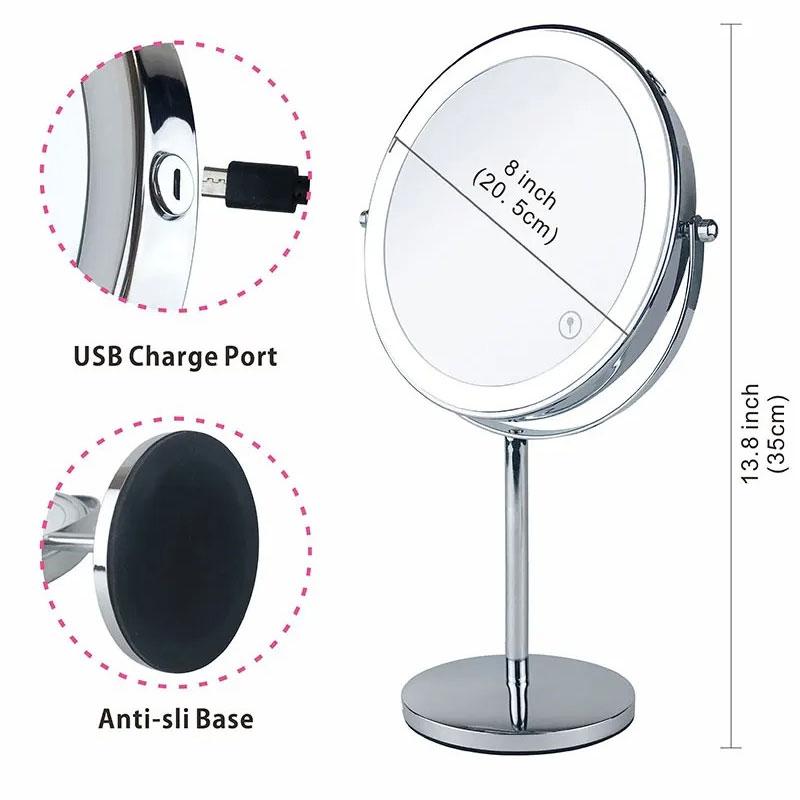 8inch 10x Magnifying Led Makeup Mirror With 3 Color Light Touch Switch Double Side Usb Charging Desktop Vanity Cosmetic Mirror