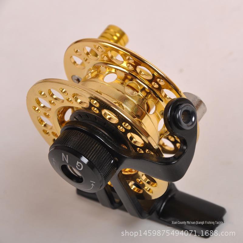 Angelrolle: Vollmetall-Frontrolle mit Eisangelschnur, Handrute und Mittel-Durchlauf-Rolle