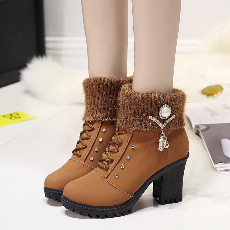 Women's Block Heeled Ankle Boots, Faux Pearl Decor Knit Stitching Booties, Fashion Winter Zipper High Heeled Boots