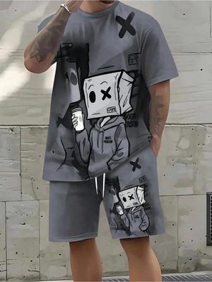 Summer Men's 3D Print Crew Neck Short Sleeve Two-Piece Set with Shorts Fashion Casual Sports Set Loose-Fit Trendy Man 2-Piece