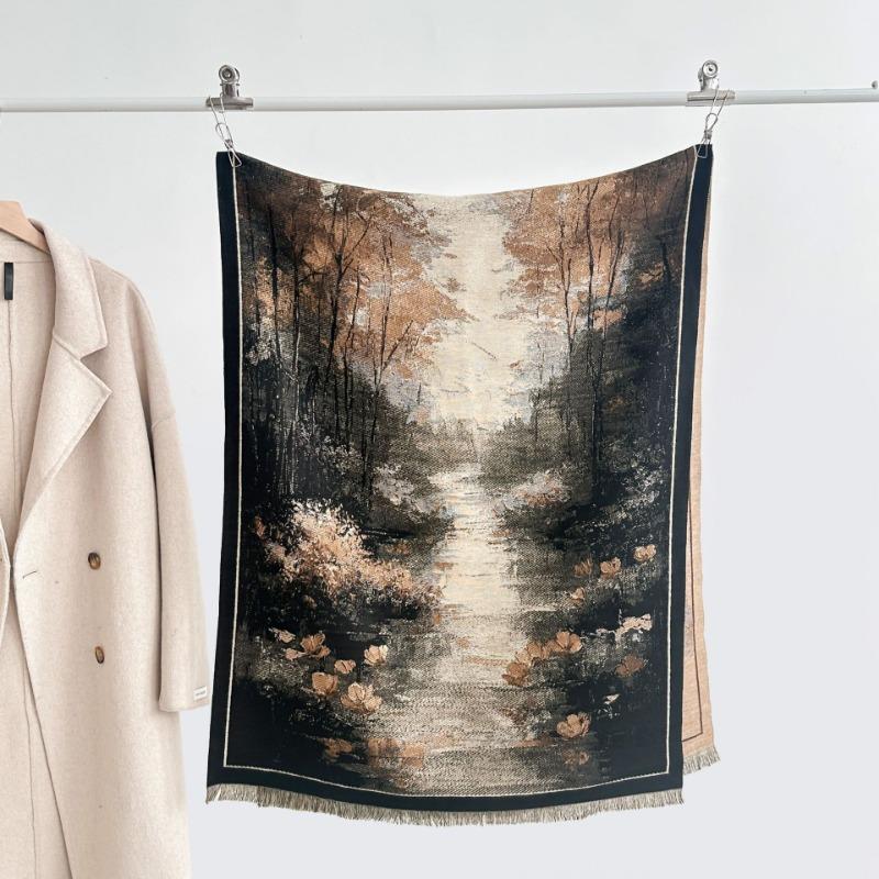 Autumn and winter new double-sided color oil painting series imitation cashmere thickened warm scarf women's air conditioner shawl