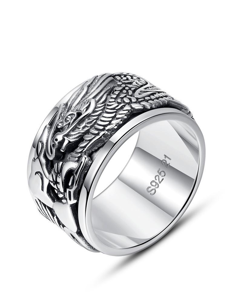 

Мужское кольцо «Дракон» из стерлингового серебра 925 пробы: Вращающееся, Ретро, Широкое кольцо на указательный палец Dragon Ring No. 19