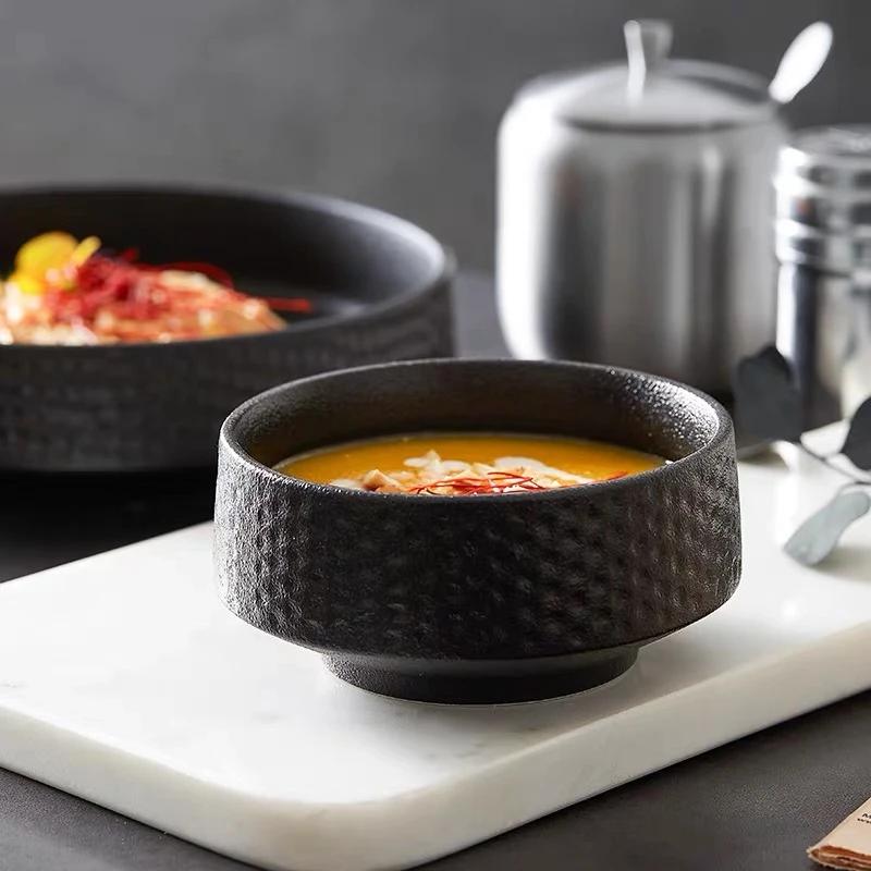 Ceramic Soup Bowl White Black Hammer Eyed Deep Dish Fruit Bowl  Baked Rice Sushi Plate Salad Bowl Round Platter Tableware Plate