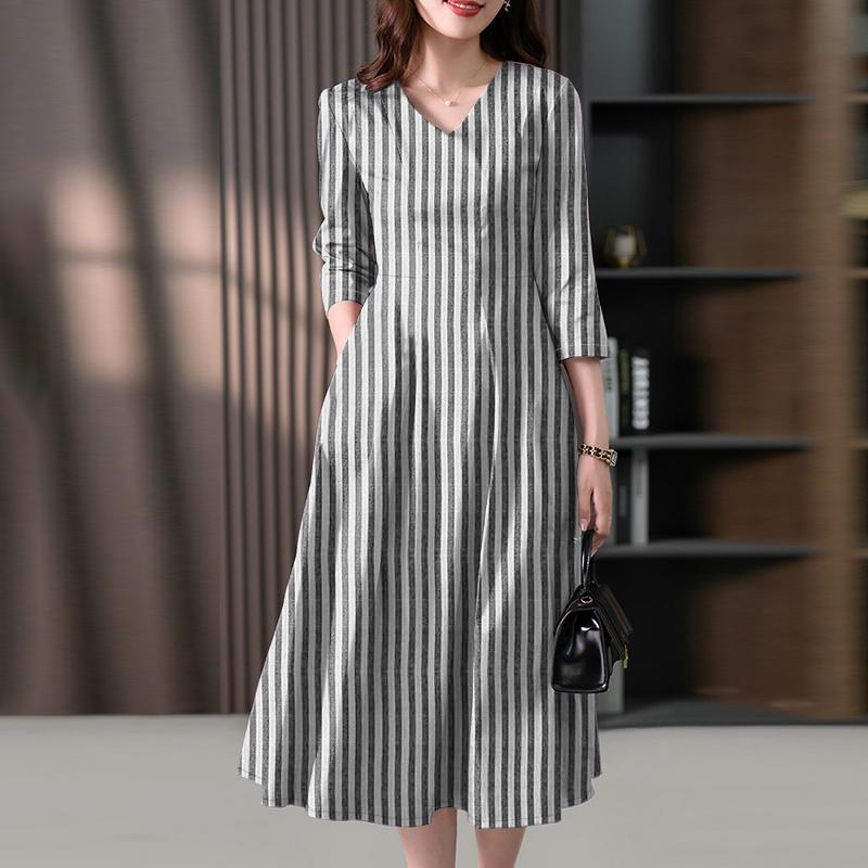 ZANZEA Women Casual V-Neck 3/4 Sleeve Loose Stripe Dress