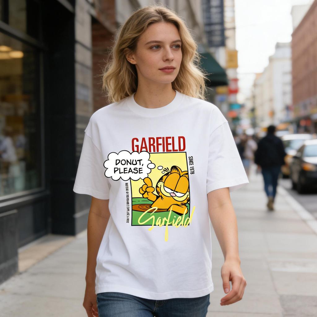 Garfield "DONUT PLEASE" Donut Funny Print Short Sleeve T-Shirt, American Streetwear Brand Heavyweight Cotton Loose Fit Oversized Couple Top