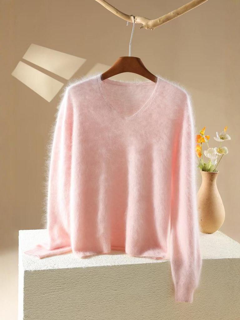 Women's V-Neck Loose Fit Brushed Cashmere Sweater - Autumn/Winter Collection, Seamless Solid Color, Soft and Skin-friendly.