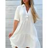 Fashion Short Sleeved Loose Dress Solid Color Lapel Casual Buttons Party Summer A-line Short Dress V Neck Elegant Large Size Sweet Simple Clothing