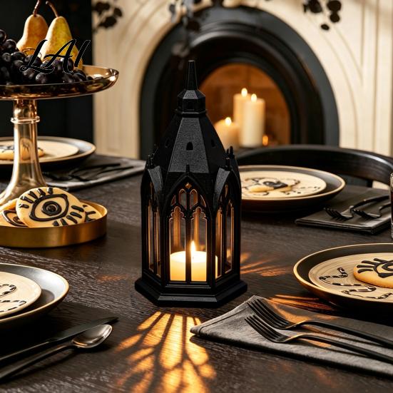 Modern Living Room Decor Gothic Cathedral LED Candle Lantern Church Shaped Flameless Tealight Lamp Luminous Figurine for Home Spooky Vintage Desktop