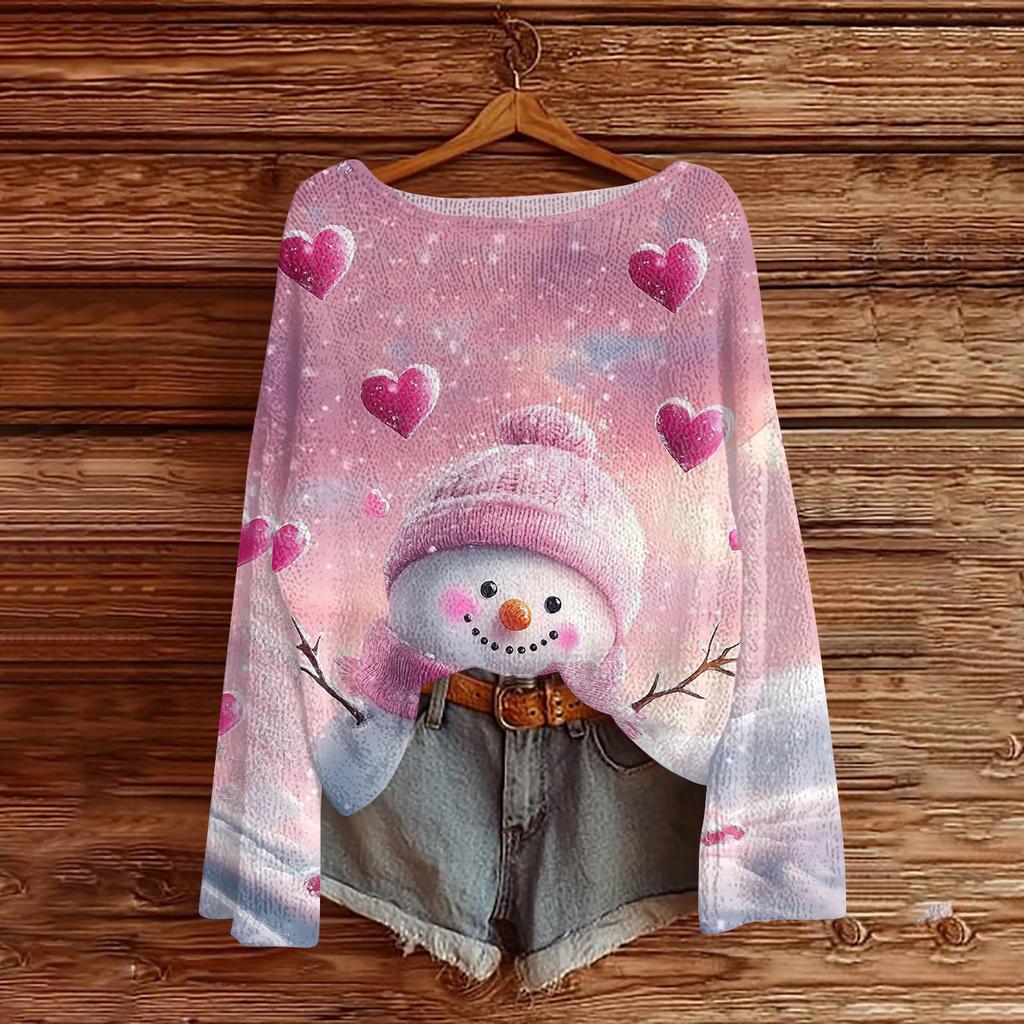 Women's Fashion Christmas Print Lightweight Sweater Casual Long-Sleeve Knit Pullover Top
