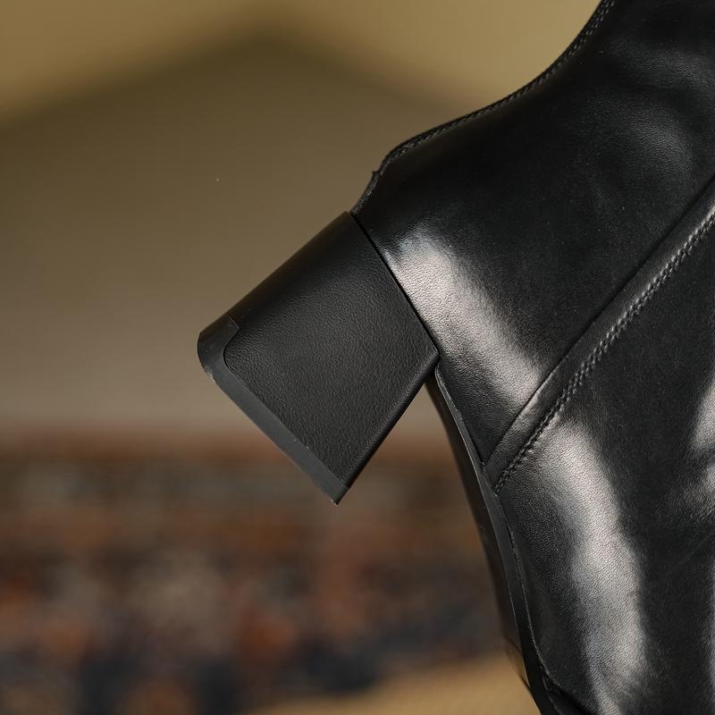 Fashion Women's New Autumn/Winter Square Headed Genuine Cowhide High Heel Zipper Size Retro Chelsea Calf Short Boots