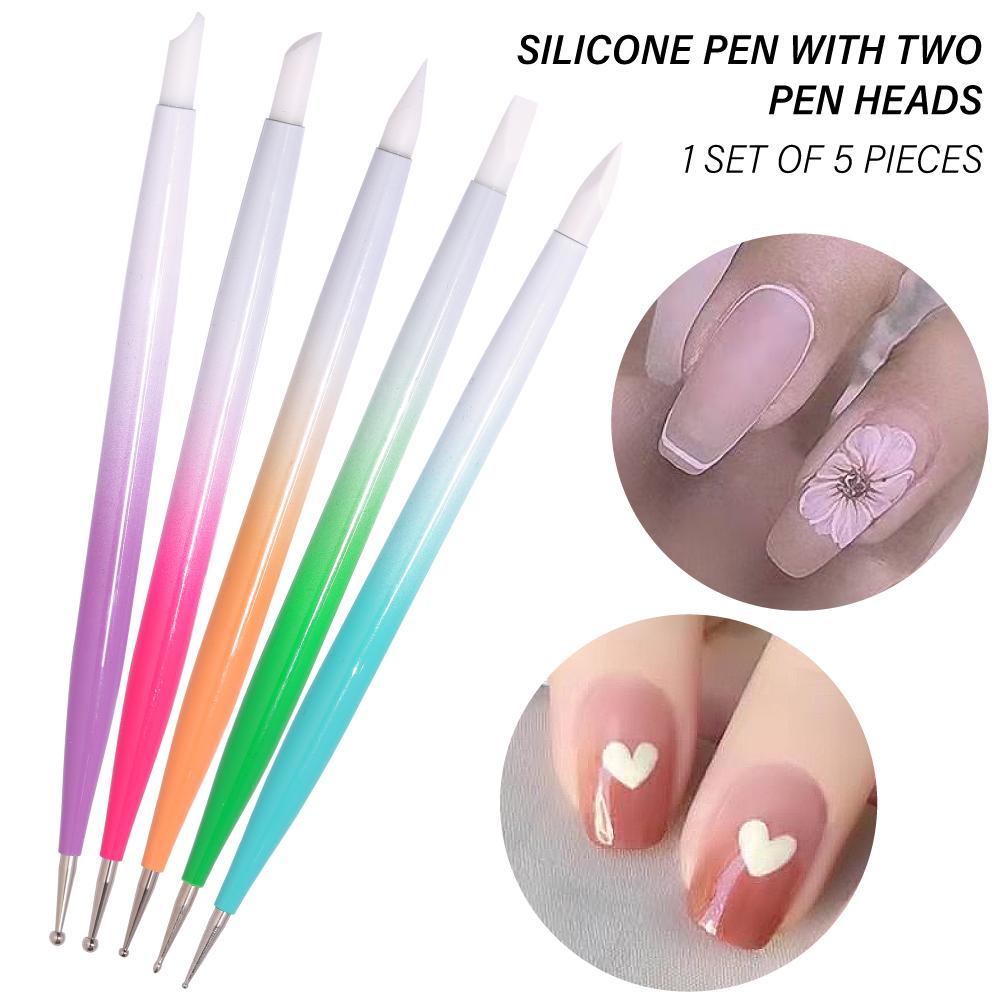 YIKOOLIN 5PCS Dual-Head Nail Art Silicone Brush Dotting Pen Set Nail Art Dotting Painting Tips Manicure Tools Brush Pen Art