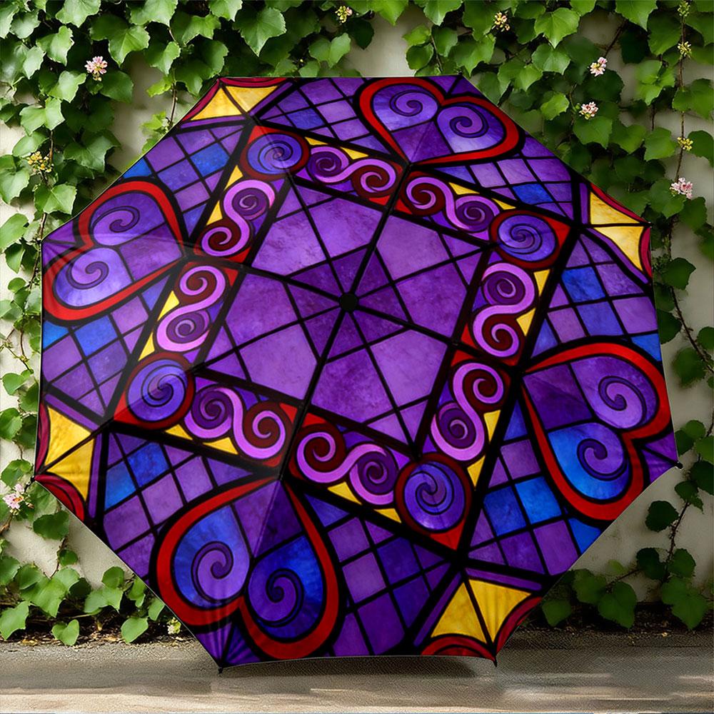 Modern Round Purple Stained Glass Hearts Purple Vintage-Style Stained Print Umbrella