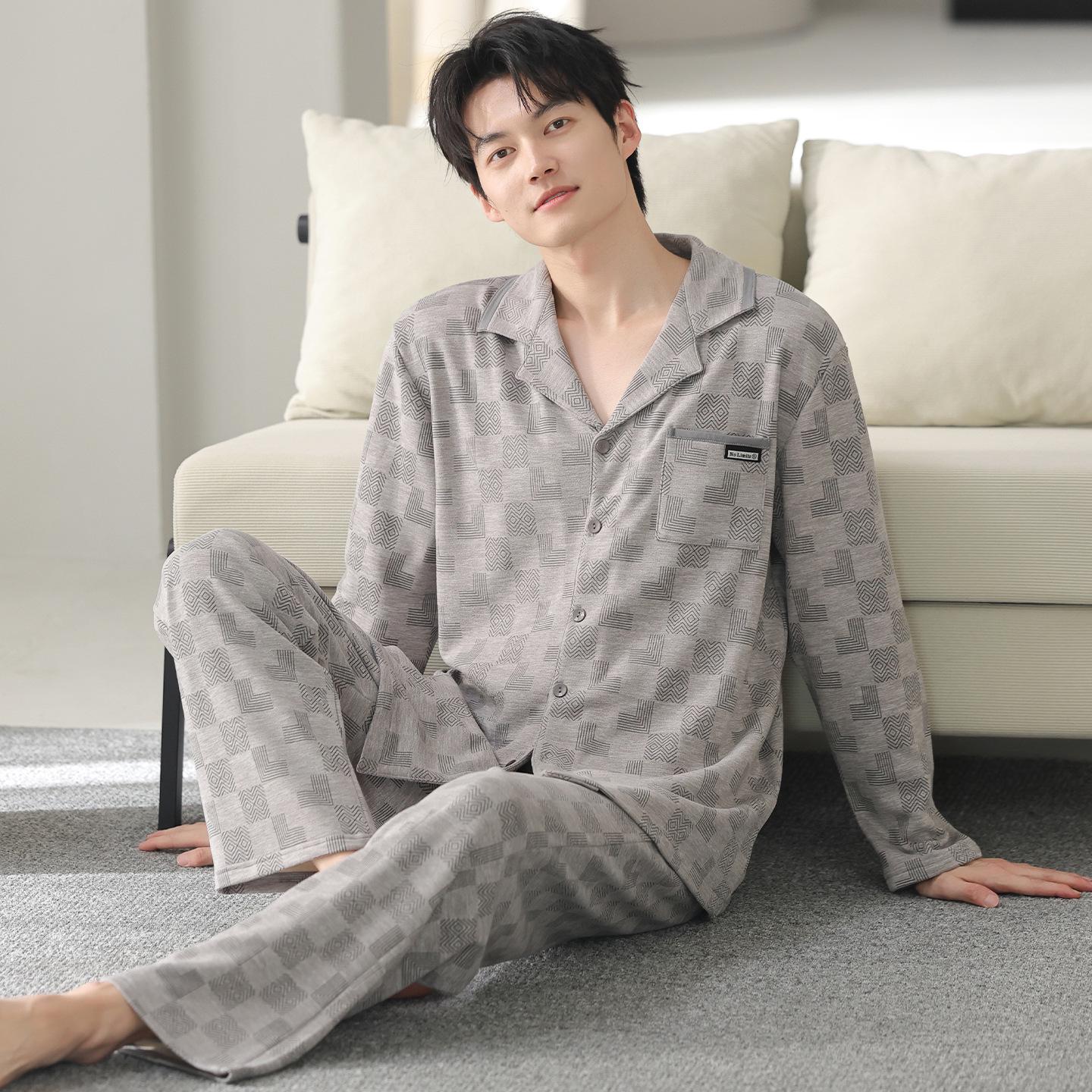 

Men s Autumn/Winter Long-Sleeve Cardigan Pajamas - 95% Cotton, Lycra, Premium Cool Cotton Homewear for All Ages L (for 50-60kg)