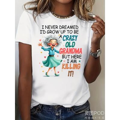Großformat Damen Lustiges T-Shirt mit Grafik "Ich hätte nie geträumt, dass ich aufwachsen und eine verrückte alte Oma werde" - Retro Cartoon-Print mit tanzender Oma, Rundhals