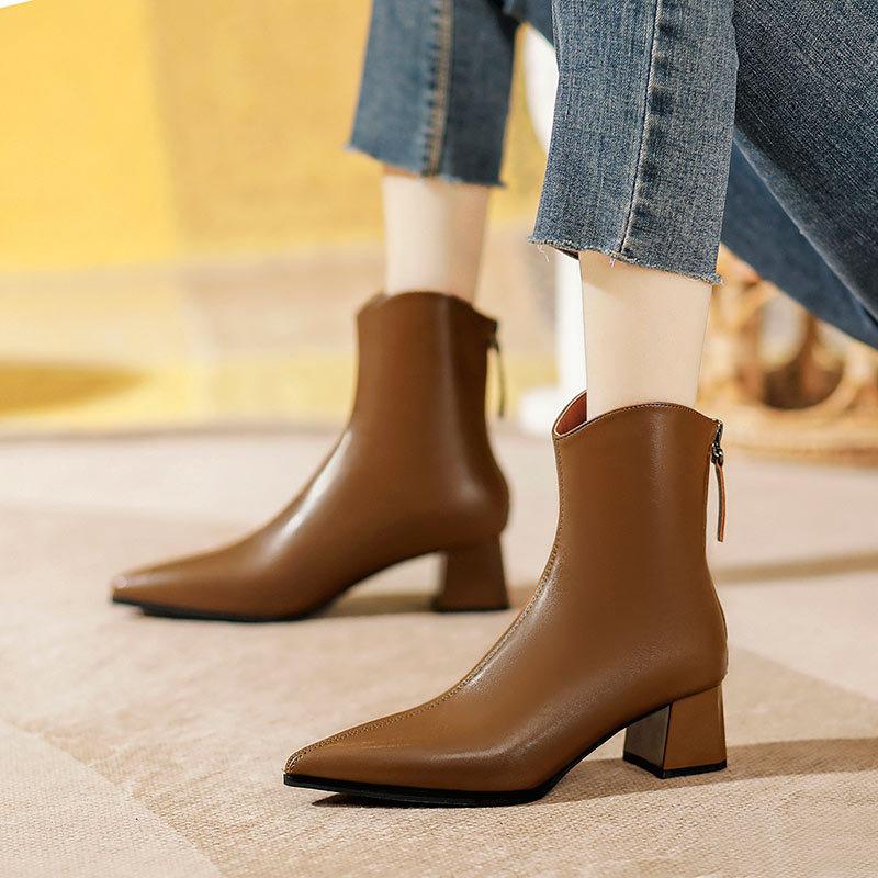 Coarse Heel Pointed Short Boots Women's Autumn and Winter Single Boots 2025 New Medium Boots French Temperament Leather Boots High Heel Thin Boots