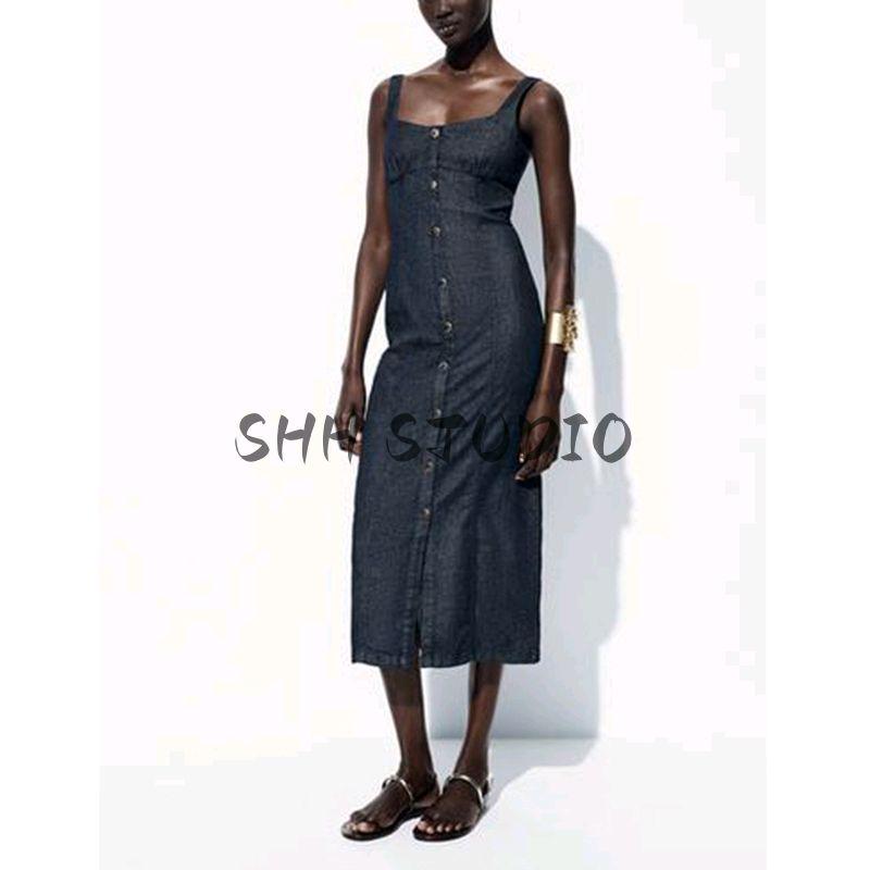 Summer New Product Women's Clothes Breasted Decorative round Neck Sleeveless Wide Shoulder Strap Denim Midi Skirt Dress 0779055