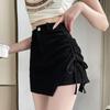 Summer Black High Waist Ruched Mini Skirt for Women - Slimming, Irregular A-Line Design, Polyester