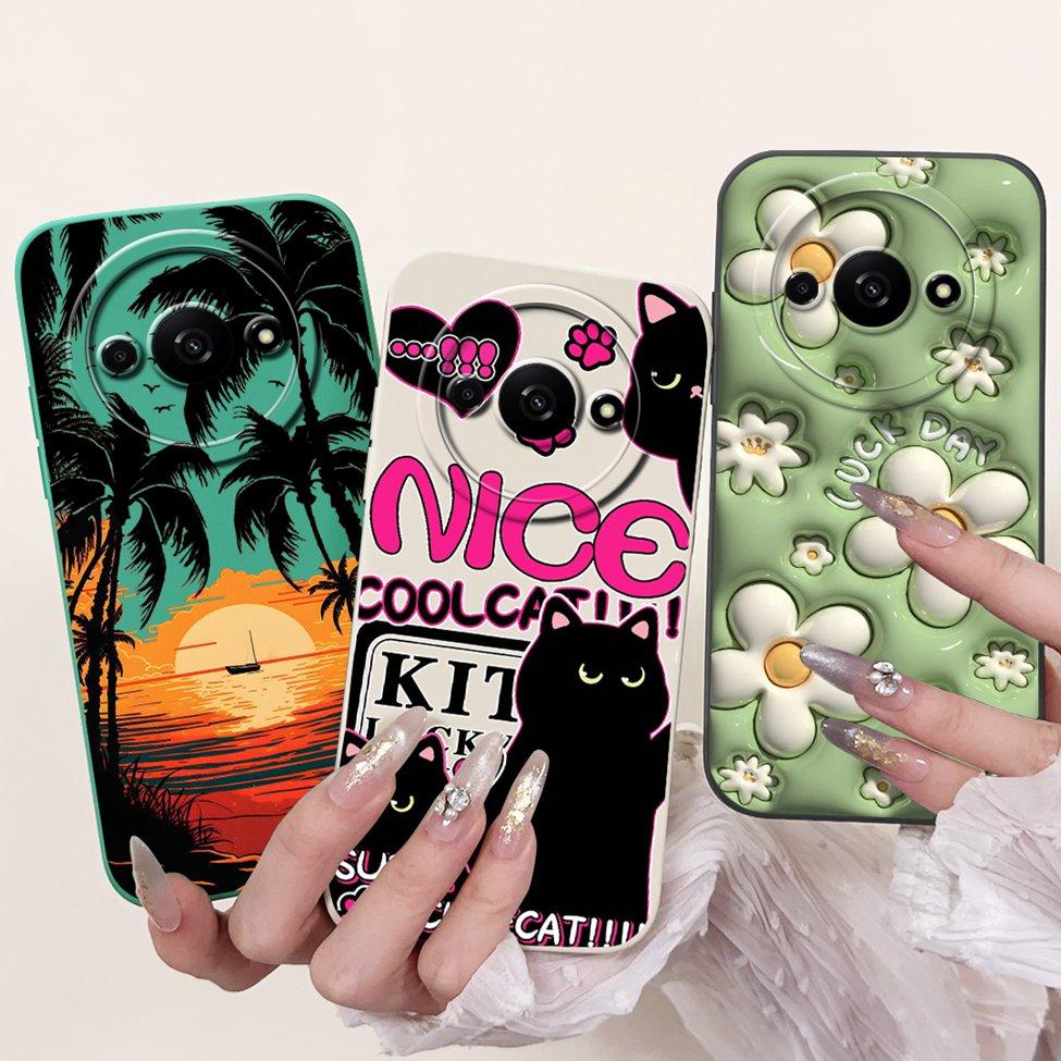 Für Redmi A3 Hülle Niedliche Cartoon Katze Ästhetisch Blumenmädchen Junge Stoßfeste Silikon-Rückabdeckung Für Xiaomi Redmi A3 Handyhülle Coque