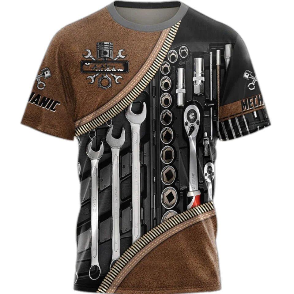 

Multi Functional Tool Pattern Men s T-shirt Summer Round Neck Comfortable Fashionable Oversized T-shirt 6XL коричневий