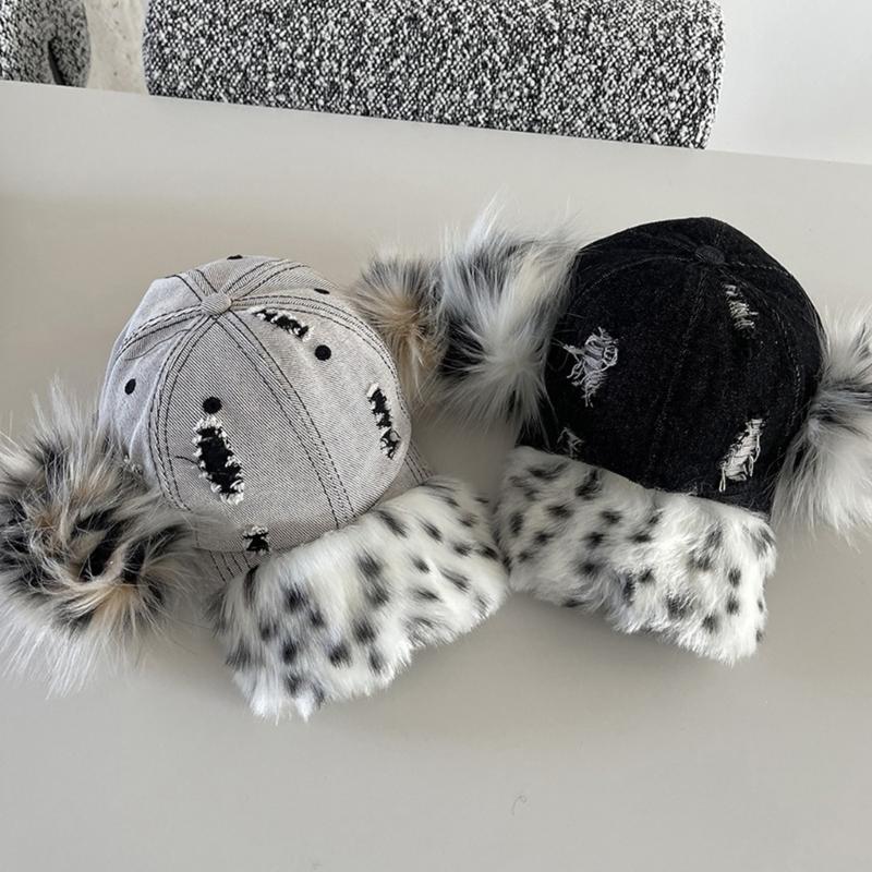 Fashionable Baseball Caps Unique Pompoms Furry Brim Dotted Pattern for Idol Concert Shows Stage Dance Headwear