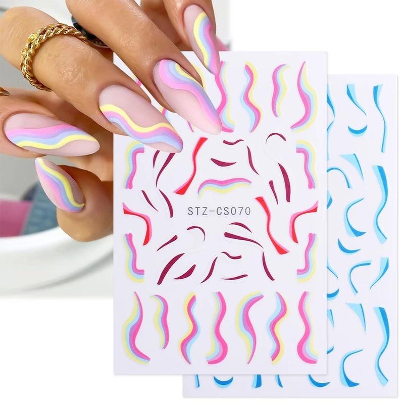 1 arkusz Ultra cienka geometria 3D nieregularna wirująca fala krowa naklejka do Manicure w stylu francuskim wzory pasków naklejka na linię paznokci
