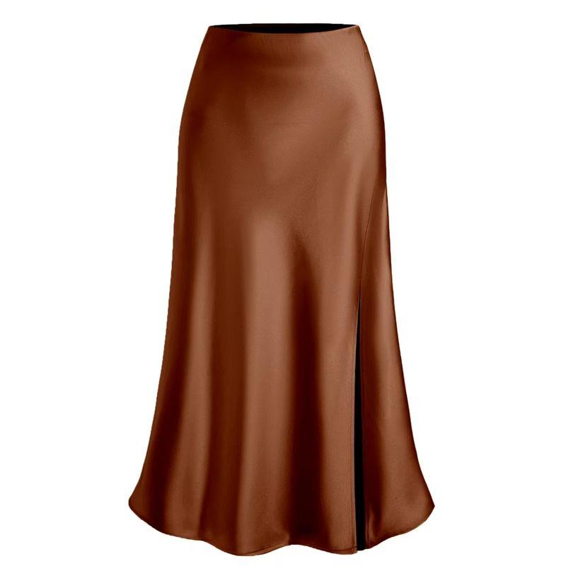 

European and American New Fashion Sexy High Waist Split Skirt High Waisted Satin Split Skirt Brown M