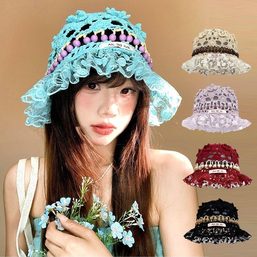 Hollow Beads Knitted Hat Summer Weave Basin Caps Sweet Crochet Bucket Hat  Ladies