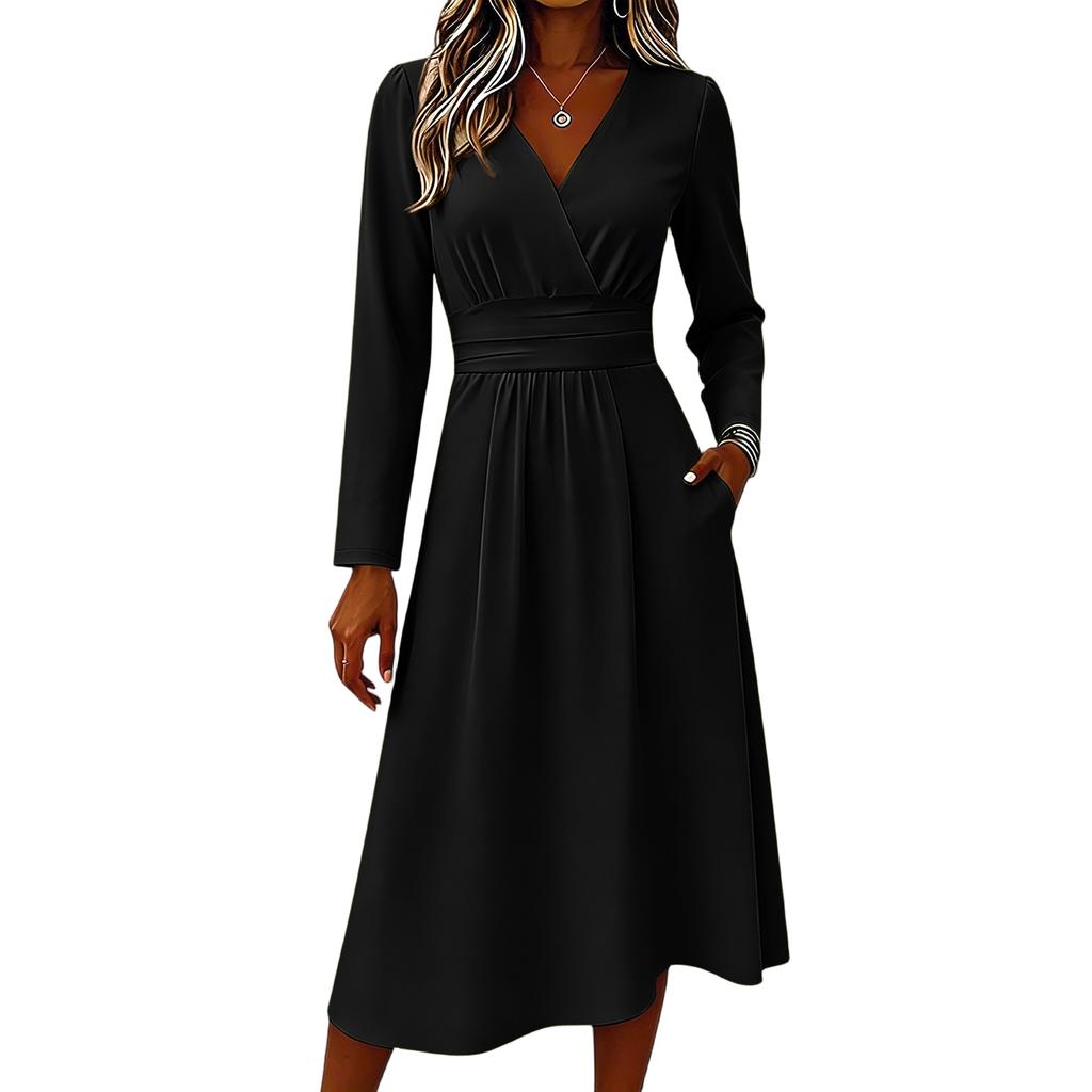 Women's Casual V Neck Midi Dress Long Sleeve Wrap Style Waistband Relaxed Fit Soft Fabric Comfortable Daily Wear