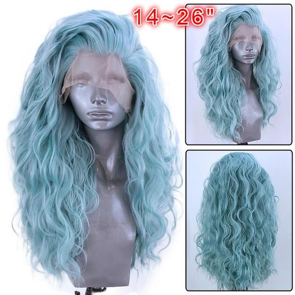 

14-26 дюймов Высокотемпературное волокно Волна воды Синтетический парик фронта шнурка для женщин Мятно-зеленый 16 мятный зеленый