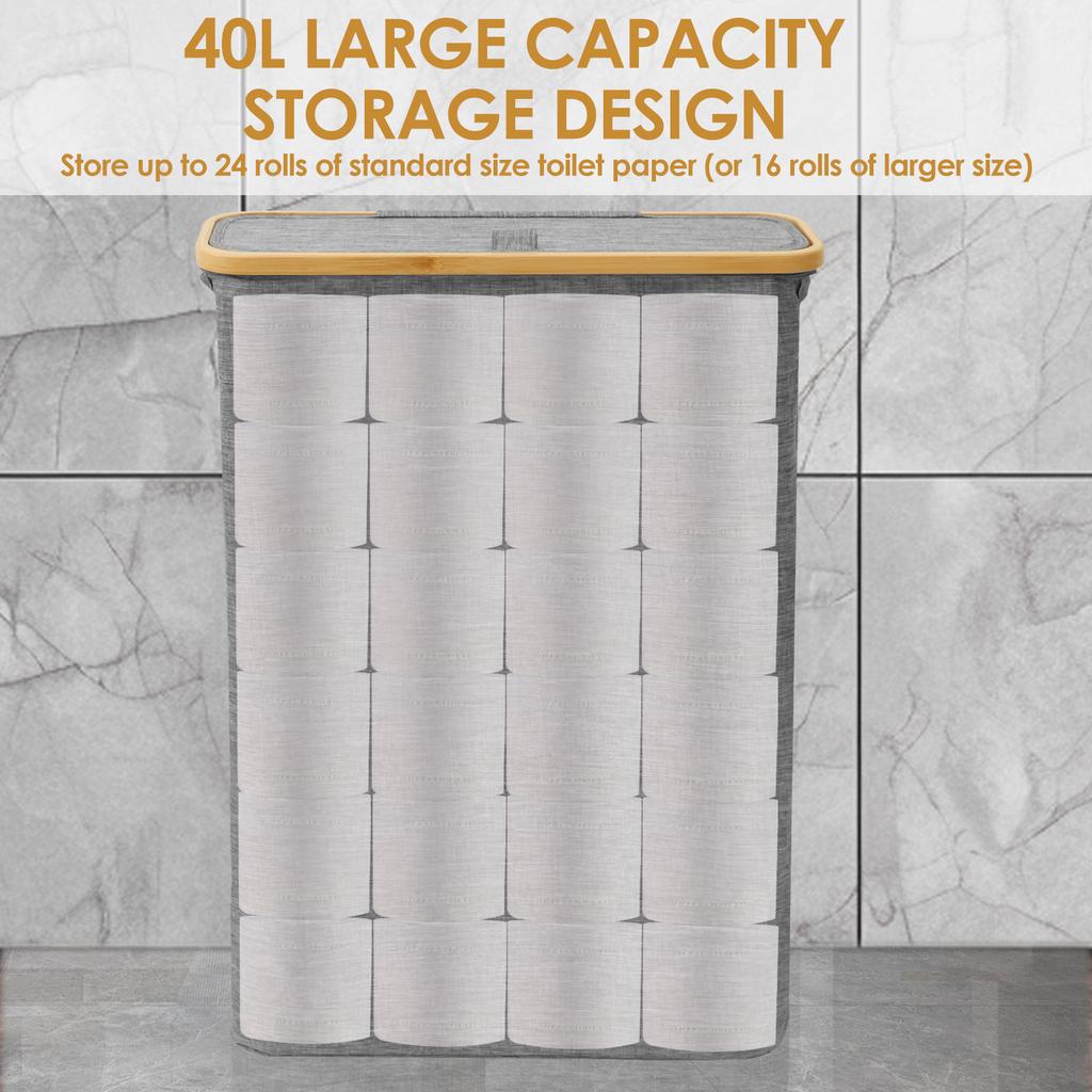 40L Toilet Paper Basket Bathroom Storage Box with Bamboo Lid Large Capacity Foldable Waterproof Tissue Organization Box