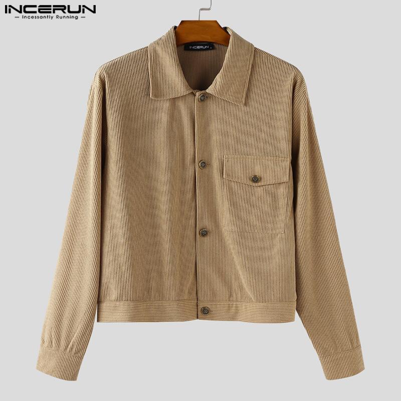 INCERUN 2PCS Autumn Men Lapel Neck Corduroy Long Sleeve Shirt Long Straight Pants Sets Outfits