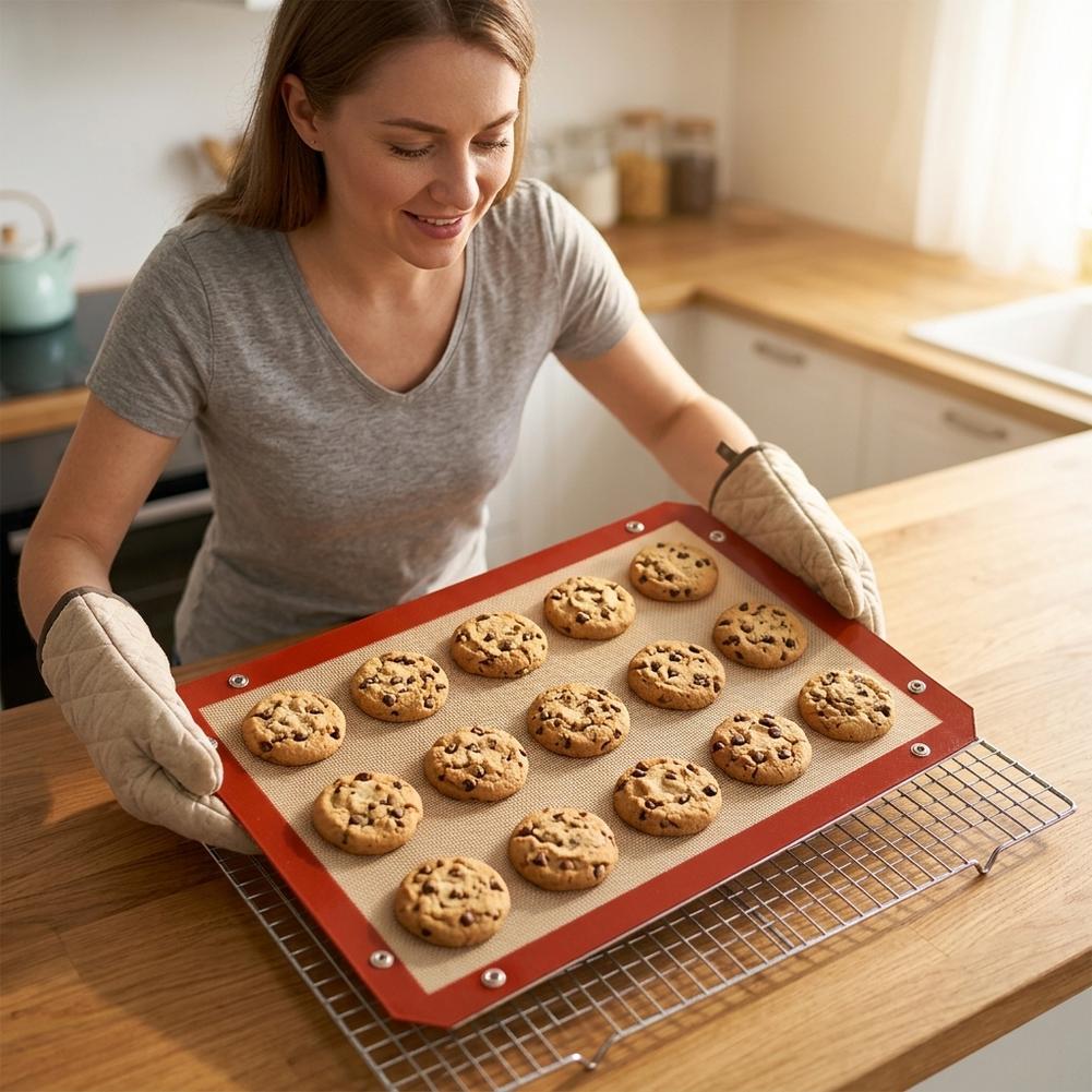 1PC Silicone Fiber Baking Mat With Button , Reusable Corners Snap Together To Form Leakproof & Non Stick Baking Tray, Oven Liner