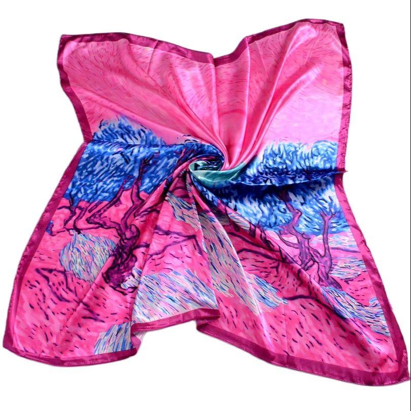 [BYSIFA] Dark Pink Silk Scarf Shawl New Sunrise Design Square Scarves Fashion Head Scarf 90*90cm Spring Ladies Satin Scarf Saly