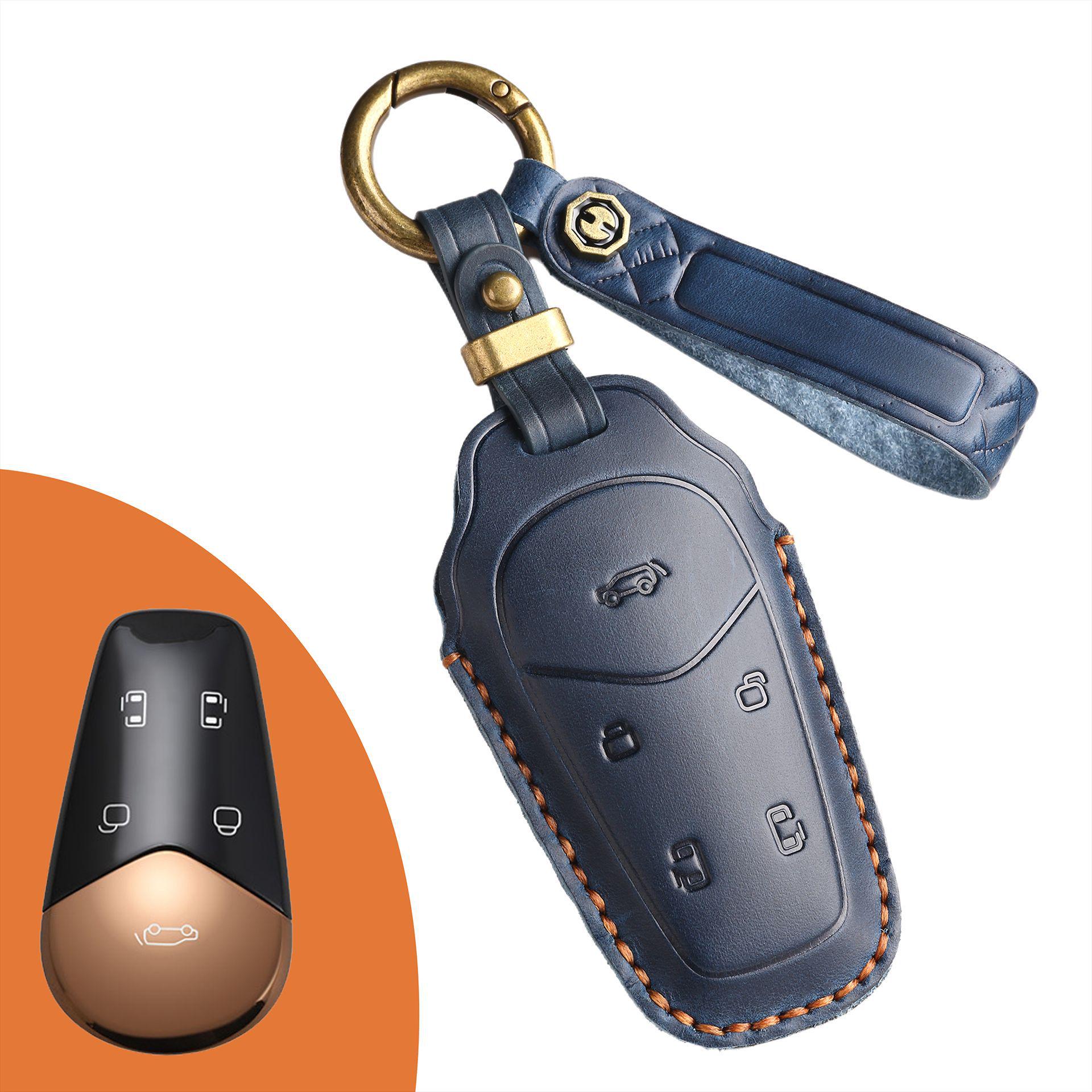 

Handmade Genuine Leather Key Cover for Lantu Dreamer: Retro Design with Buckle синий