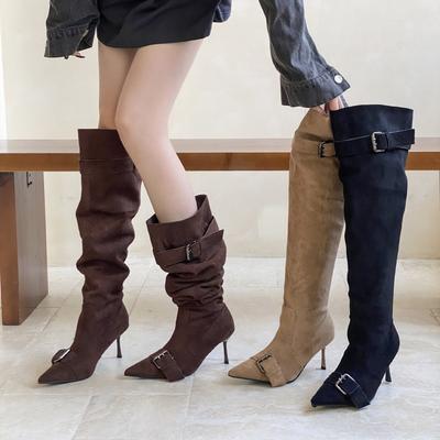 2025 Autumn and Winter New European and American Pointed Head Thin Heel High Heel Temperament French Fashion Sexy Belt Buckle Stacked Boots