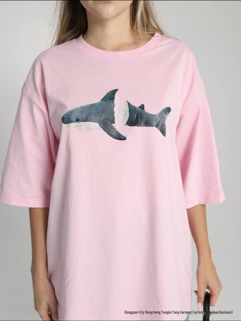 2026 Summer Women's European & American Style Versatile Shark T-Shirt - 100% Cotton Short Sleeve