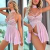 3 Pcs/Set Nightdress Panties Collar Set Hollow Out Lace-up See-through Lace Mesh Backless Adjustable Straps Hook-and-Eye Closure G-string Sleepwear